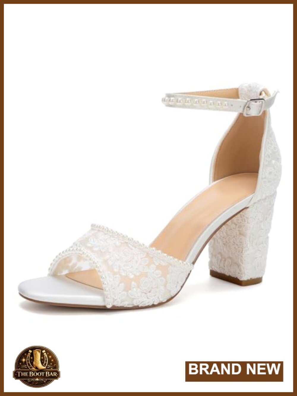 Lace Wedding Sandals Block Heel Pearls Bridal Shoes Open Toe Ankle Strap